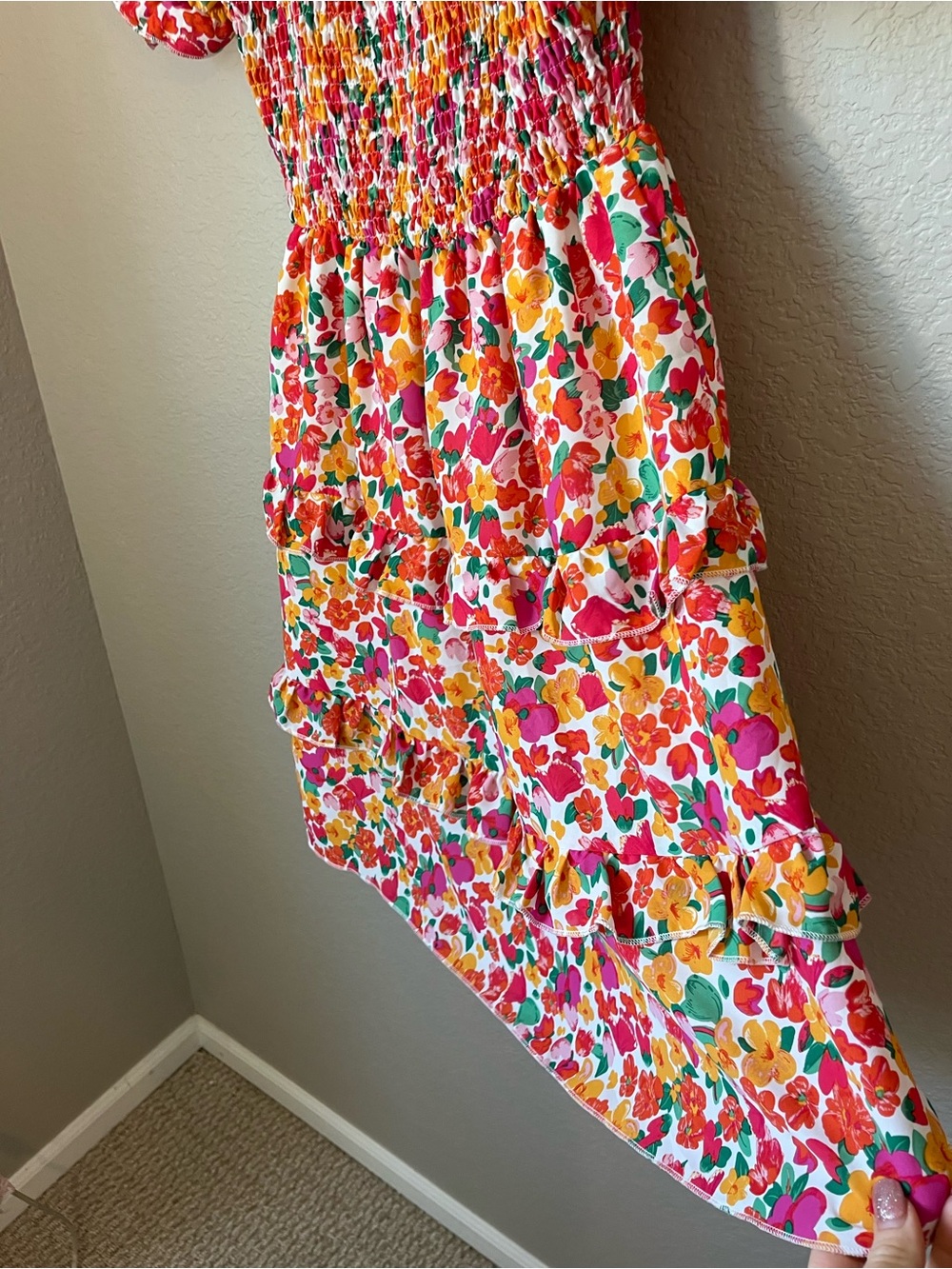 Kirundo Floral Smocked Mini Dress Small Puff Sleeve Tiered Cottagecore Spring - Picture 3 of 10